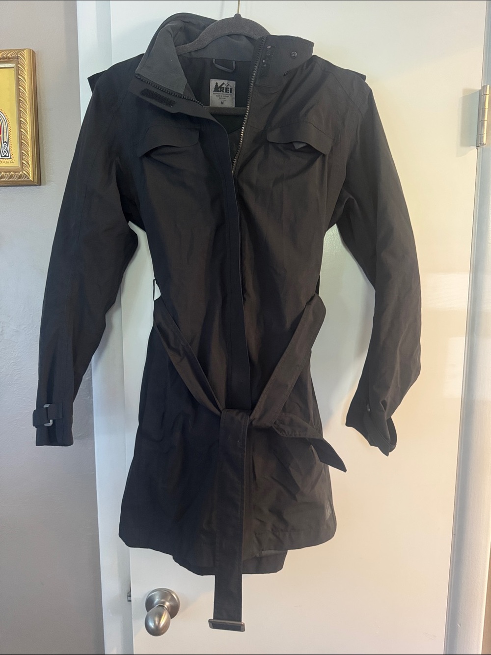 REI Women's Black Trench Coat with Waist Tie